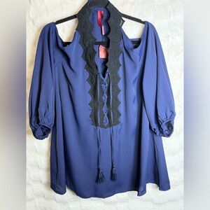 Love Scarlet Elegant Navy Blouse with Black Lace Detail